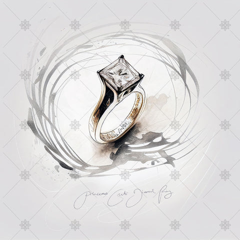 Princess Cut Ring Pencil Sketch - SK1064