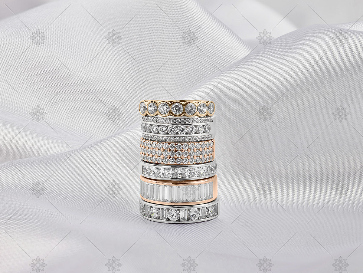 Gold Eternity ring stack on white silk - NC1024