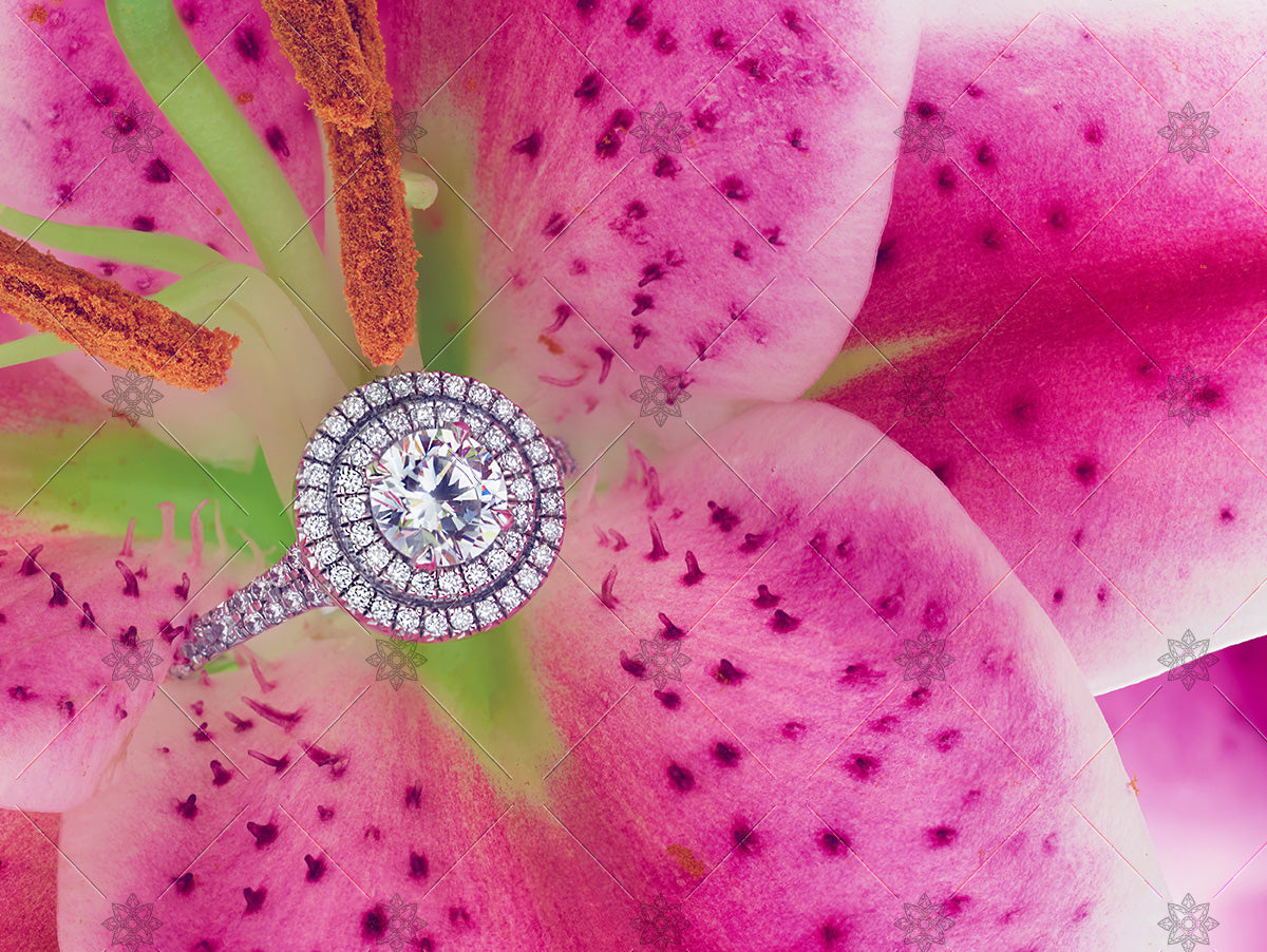 Diamond halo ring & pink lily  - NC3004