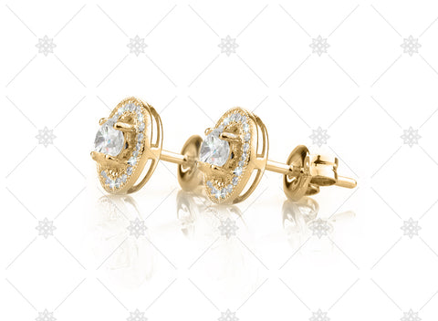 Vintage Halo Earrings Yellow Gold Side View - NE1008