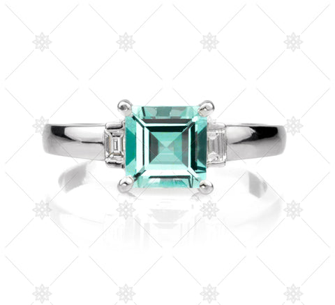 Green Emerald Carre Cut Diamond Ring - NE1016