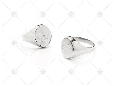 Engraved White Gold Round Signet Ring - NE1017